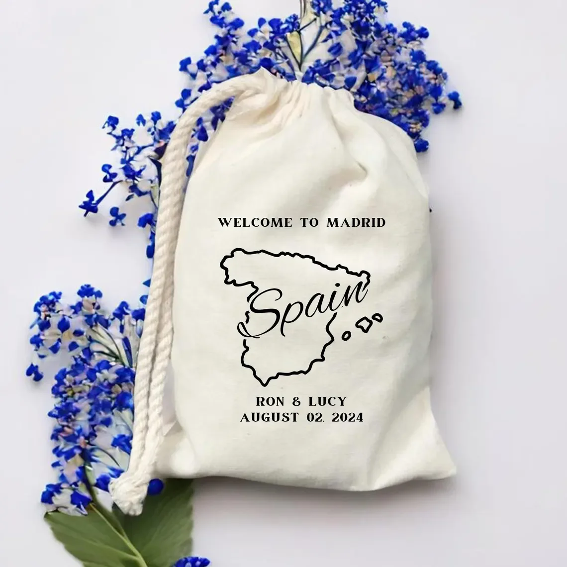Bolso personalizado de bienvenida a Madrid, recuerdos de boda de destino de España, bolso de mapa de contorno de país de España, recuerdo de fiesta de boda en la playa B