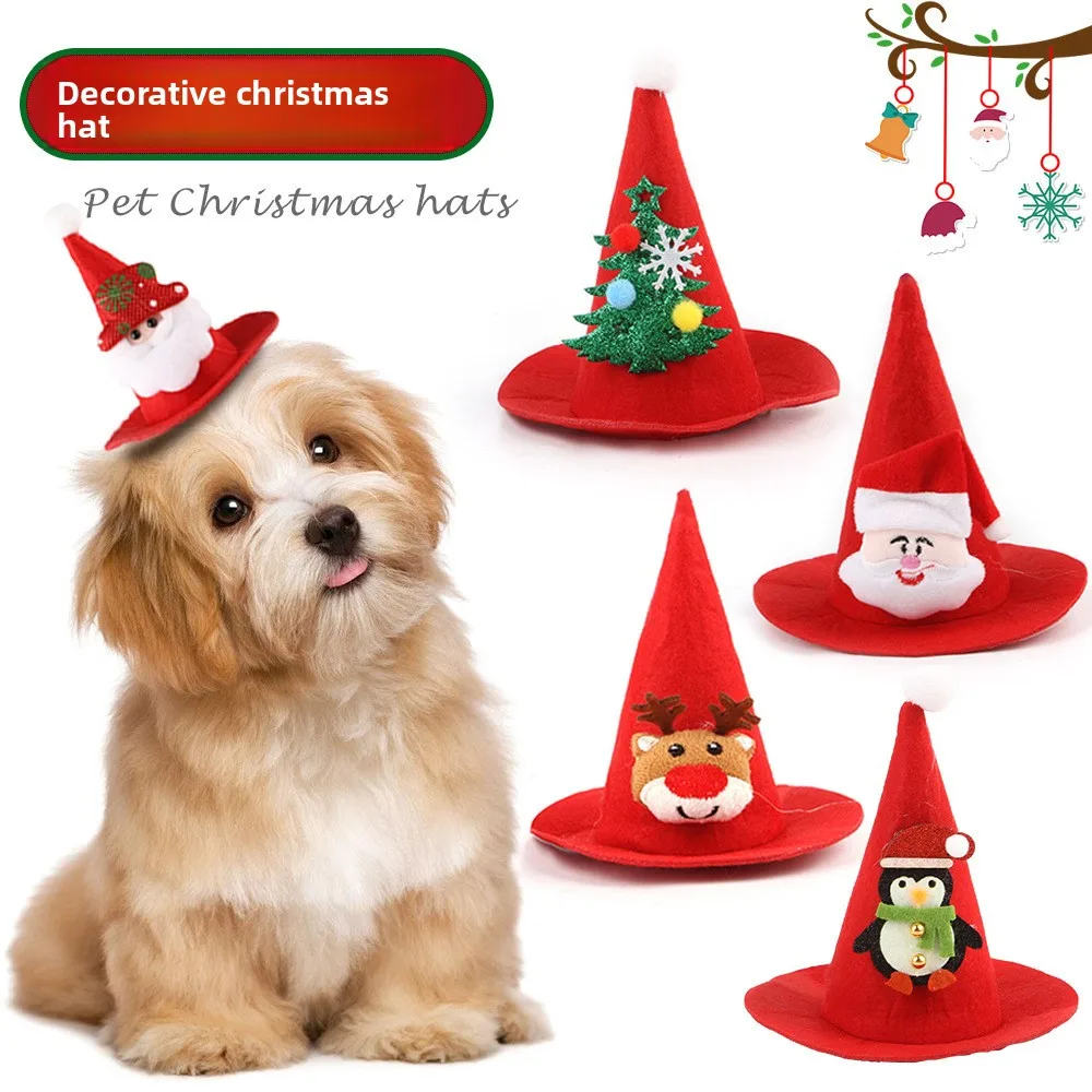 

Новинка 2025 года, рождественская шапка для домашних животных, 3D остроконечная шляпа, декоративная шапка, плюшевая мультяшная кукла, рождественская остроконечная шапка, головной убор с котом, хит продаж