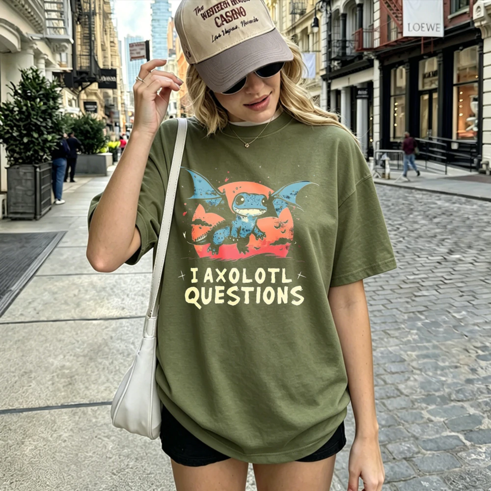 Cute Blue Winged Axolotl I Axolotl Questions Graphic T Shirt Retro Sunset Print Cotton Tee Funny Pun Amphibian Lover Casual Tops