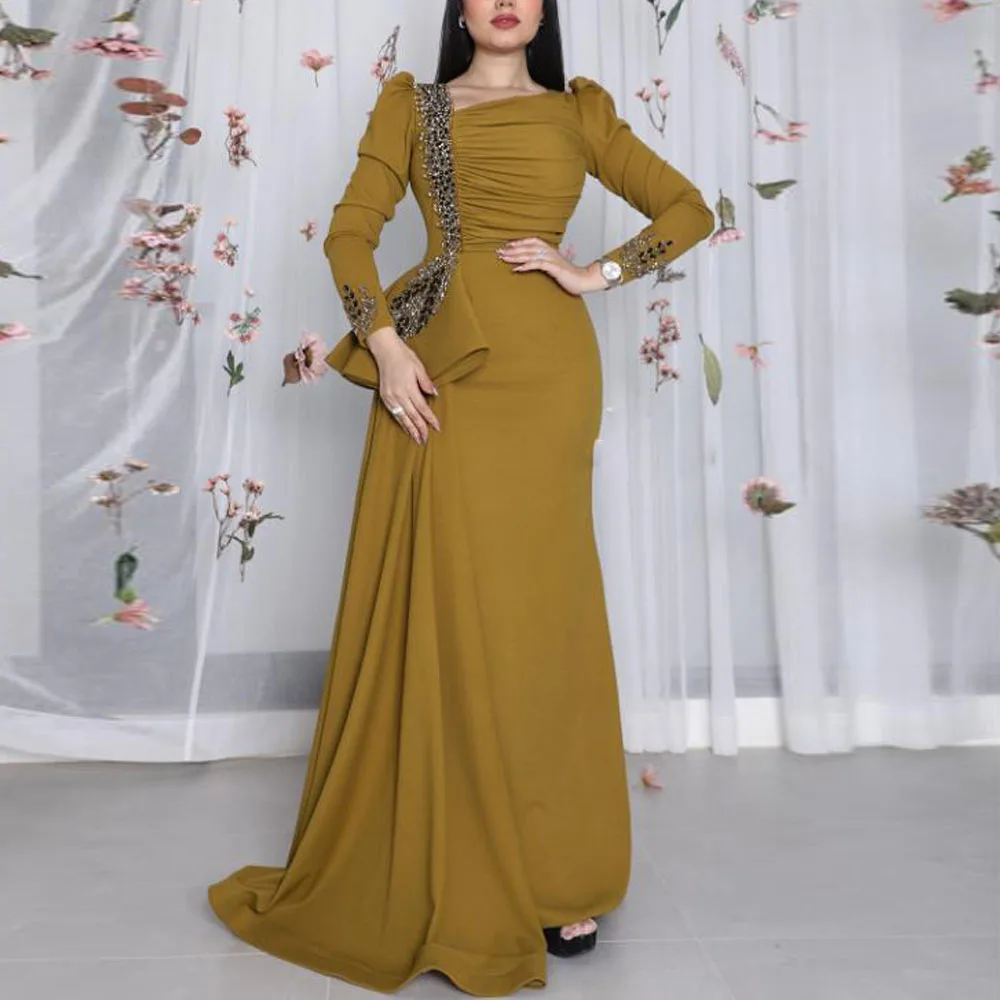 Customized Asymmetrical Neckline Evening Dress Bead Side Train Formal Prom Gown Long Sleeve Mermaid Arabic Dubai robe de soiree
