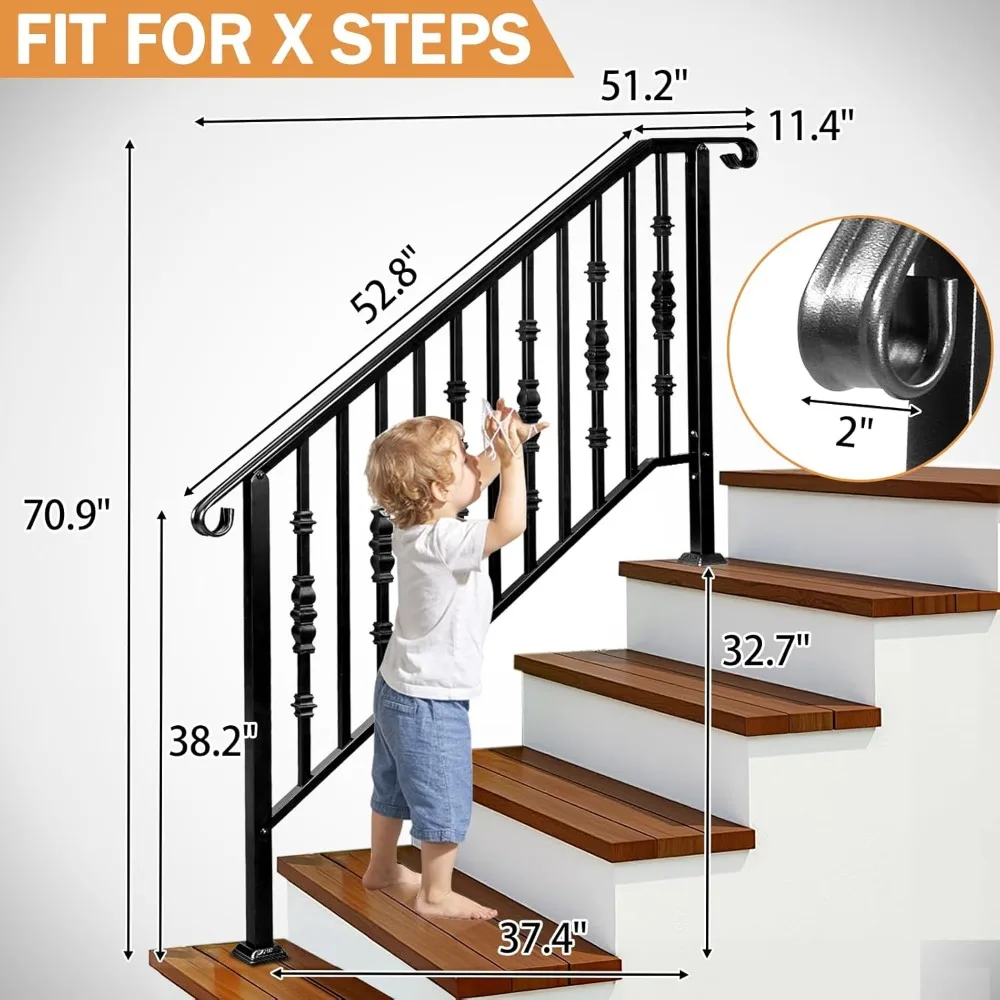 2 Pack 5 Step Handrails for Outdoor Steps, Wrought Iron Stair Railing, Metal Hand Railing with Installation Kit, Staircase Handr