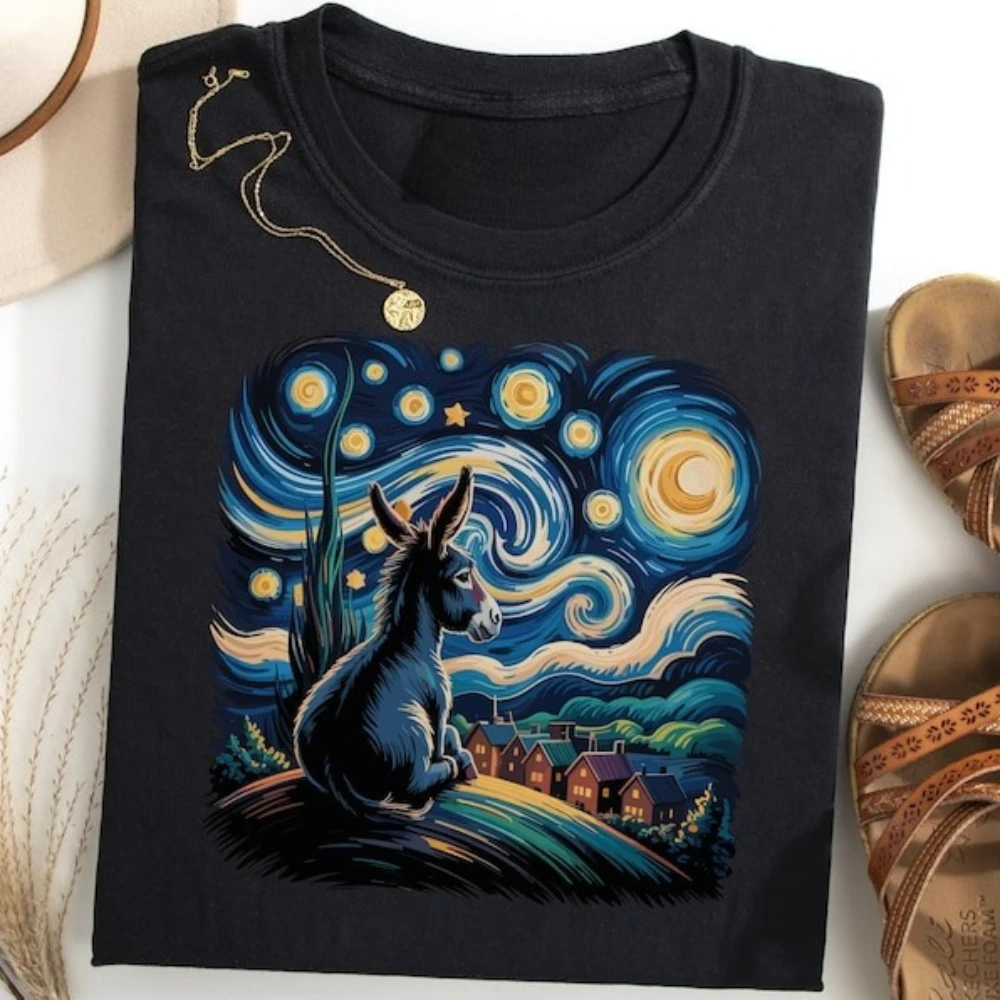 Van Gogh Donkey T-Shirt Starry Night Farm Animal Tee Funny Donkey Lover Shirt Unique Homestead Tshirt Men Women Cotton Tee Tops