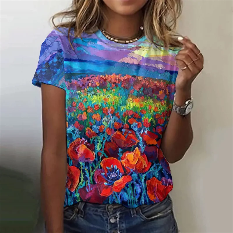 Flower Plants Pattern T-Shirt For Women Colorful Floral 3D Printed Tees Summer Harajuku Street O-Neck Tops Short Sleeve T Shirts