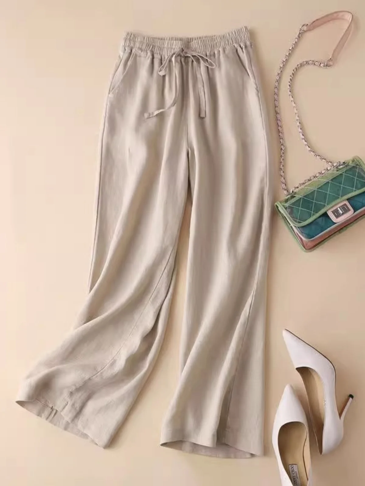 

Women's Linen Cropped Wide Leg Pants Summer Thin Elastic Waist Casual Wide Leg Pants with Pockets