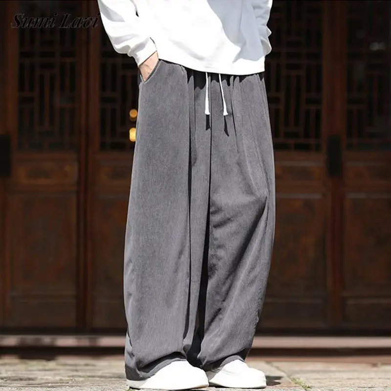 Fashionable Drawstring Wide Leg Pants Men Vintage Solid Color Corduroy Long Trousers Loose Fit Bottom Fall Casual Style For Mens