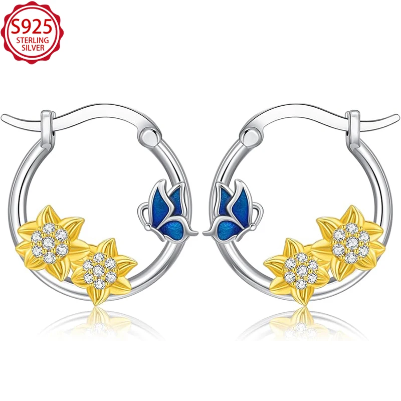 

S925 Sterling Silver Enamel Flower Butterfly Hoop Earrings, Cubic Zirconia Women Party Birthday Gift Jewelry