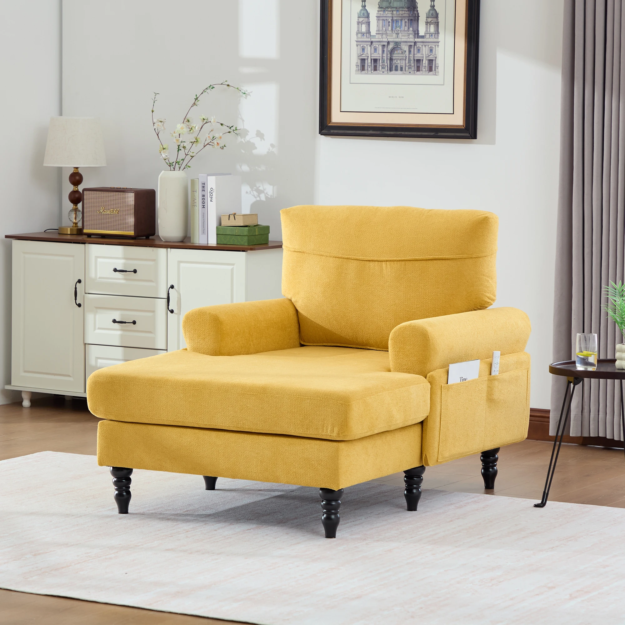 Moderner minimalistischer Samt-Loungesessel, Schlafzimmer-Einzelsofa mit Holzbeinen, bequemer Rückenlehne und Armlehnen – Detail 15