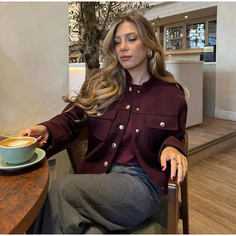 

Elegant Women's Burgundy Cropped Jacket Female Stand Collar Single Breasted Full Sleeve Pocket Coat 2025 Autumn Lady Outwear New