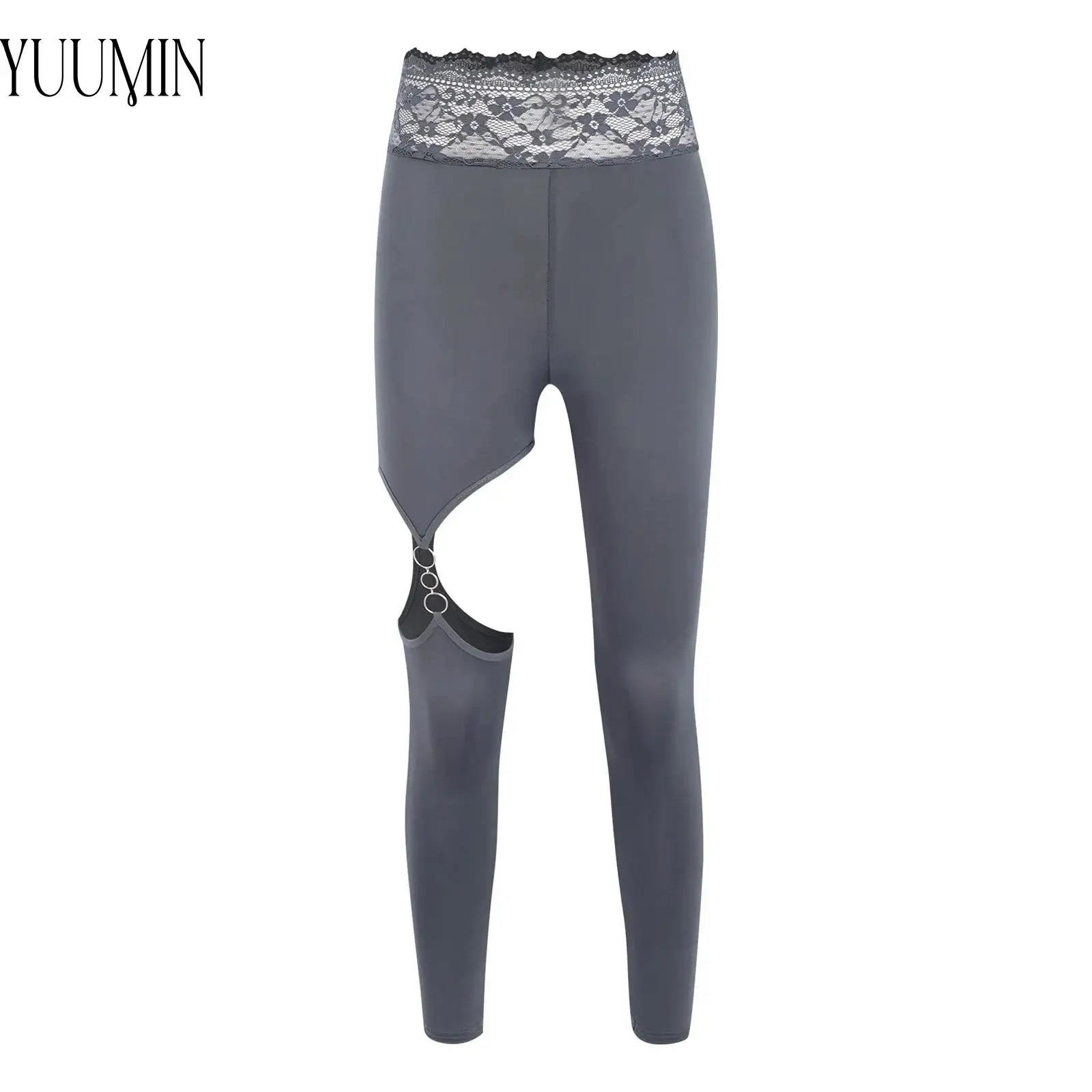 

Women Lace Waistband Yoga Leggings Cutout O Ring Skinny Pants Stretchy Breathable for Gym Fitness Workout