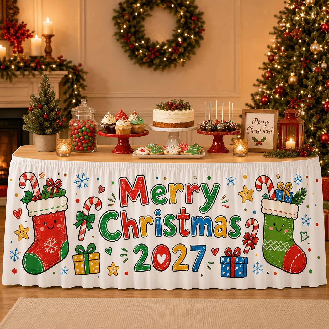 1 piece tablecloth table skirt - Merry Christmas 2027 tablecloth, cartoon Christmas stocking candy bar gift box