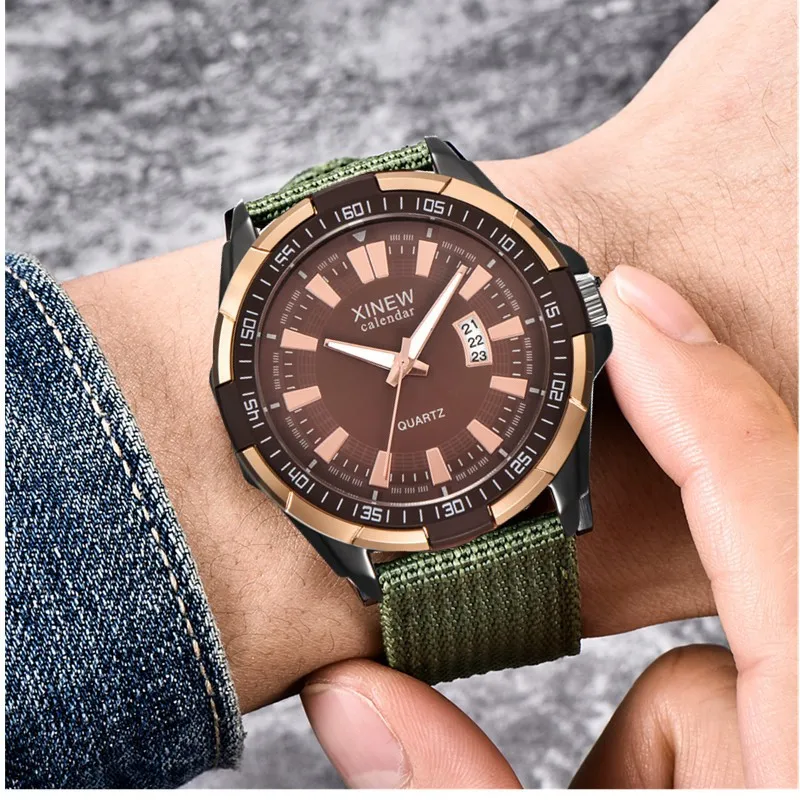 

Fashion Men'S Black Leather Business Watch Nylon Belt With Calendar Simulated Quartz Rectangle Business Sport Watch Relojes