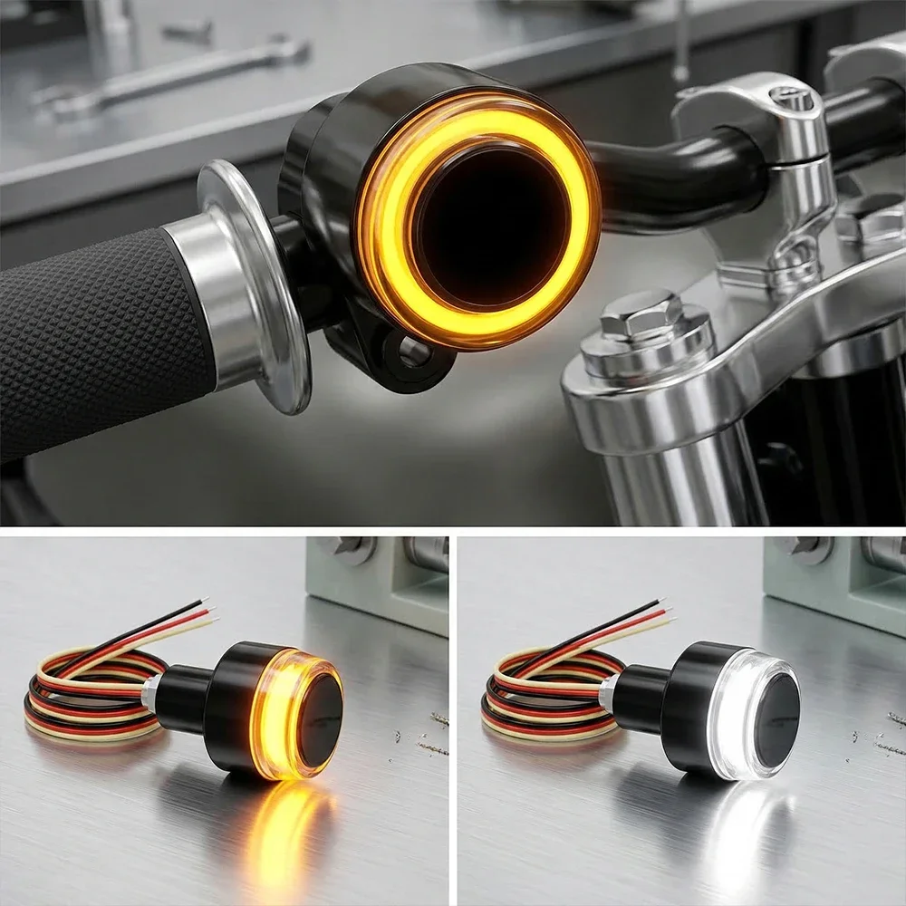 Motorcycle LED Handlebar End Turn Signal Light White Yellow Lamps Waterproof High Brightness Handle Grip Bar Blinker