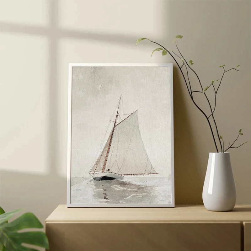 Vintage Neutral Sailboat Print Antique Nautical Sketch Art Poster Coastal Seascape Wall Art Canvas Painting Lake House Decor