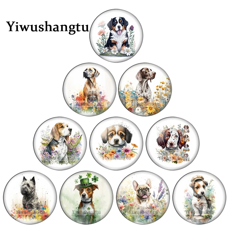 

Fashion Cute Dog Flowers clusters Art Paintings 8mm/12mm/20mm/25mm Round photo glass cabochon demo flat back Making findings