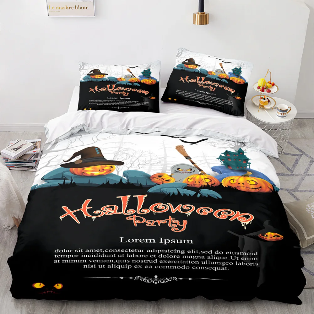 Halloween printed quilt set three sets, kingsize castle pumpkin theme unique design, woolen fabric can be customized three sets