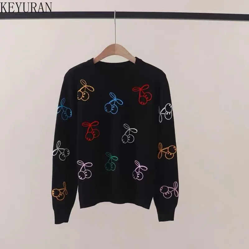 Sweet Colorful Cherry Embroidery Pullover Sweater Women Round Neck Long Sleeve Versatile Slim Base Sweaters Jumpers Sueter Mujer