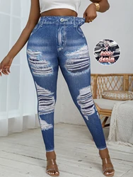 Plus Size Women's Tight Leggings Imitation Denim Print Ripped Pattern High Elastic Sports Pants Comfortable Casual Fashionable Knitted Pants