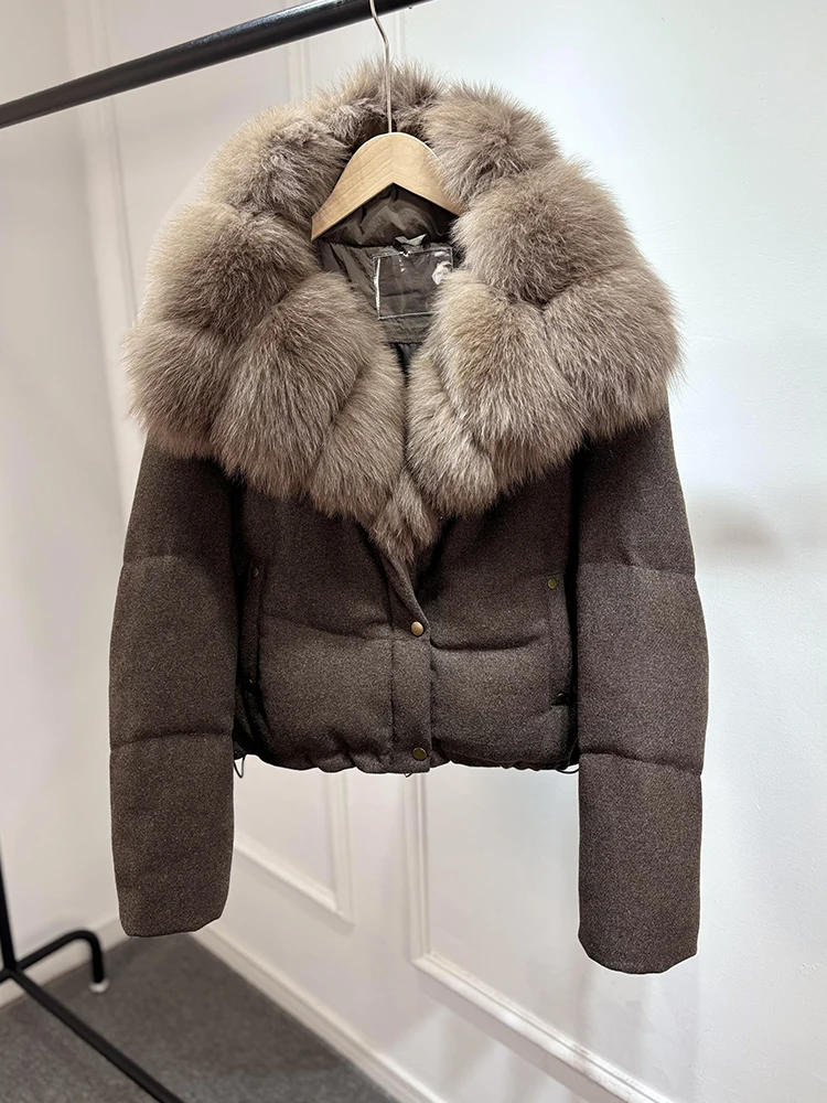 Janveny Luxury Winter 90% White Duck Down Wool Blends Jacket Women 2025 New Real Natural Fox Fur Thick Warm Puffer Down Coat
