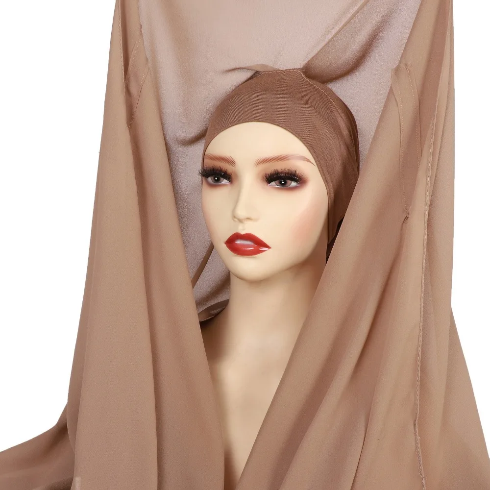 

2in1 Instant Chiffon Hijab Scarf Solid Color with Undercap Muslim Long Headscarf Full Cover Breathable Women Chiffon Shawl