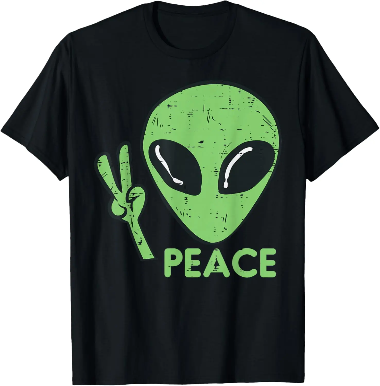

Alien Peace Sign Graphic Tee Retro Distressed UFO Extraterrestrial Cotton Short Sleeve T-Shirt