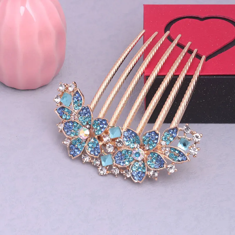 Headwear Classic Rhinestone Hollow Out Flower Colorful Hair Ornament 7 Teeth Wedding Hair Clip Sturdy for Dating