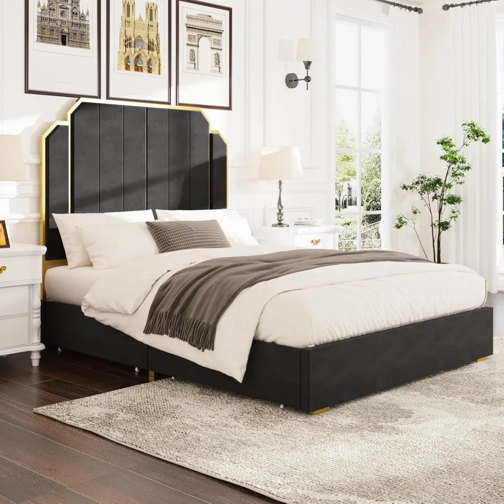 bedstead.Queen Platform Bed Frame, 59'' Velvet High Headboard Upholstered Bed with Gold Accent Headboard and 4 Storage Drawers