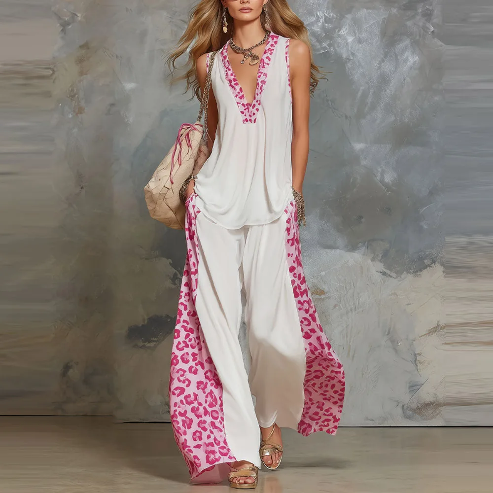 

Print Women's Suits Summer Fashion Sleeveless Loose V Neck Tank Top & Wide Leg Pants Two Piece Sets For Women Casual Outfits