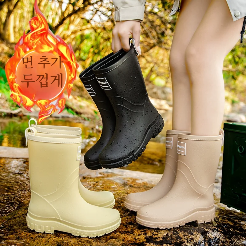 Waterproof Non-Slip Fleece-lined Rain Boots for Women, Warm Boots, Outdoor Boots, Japanese Fashion, Adult, Western Sle, Winter