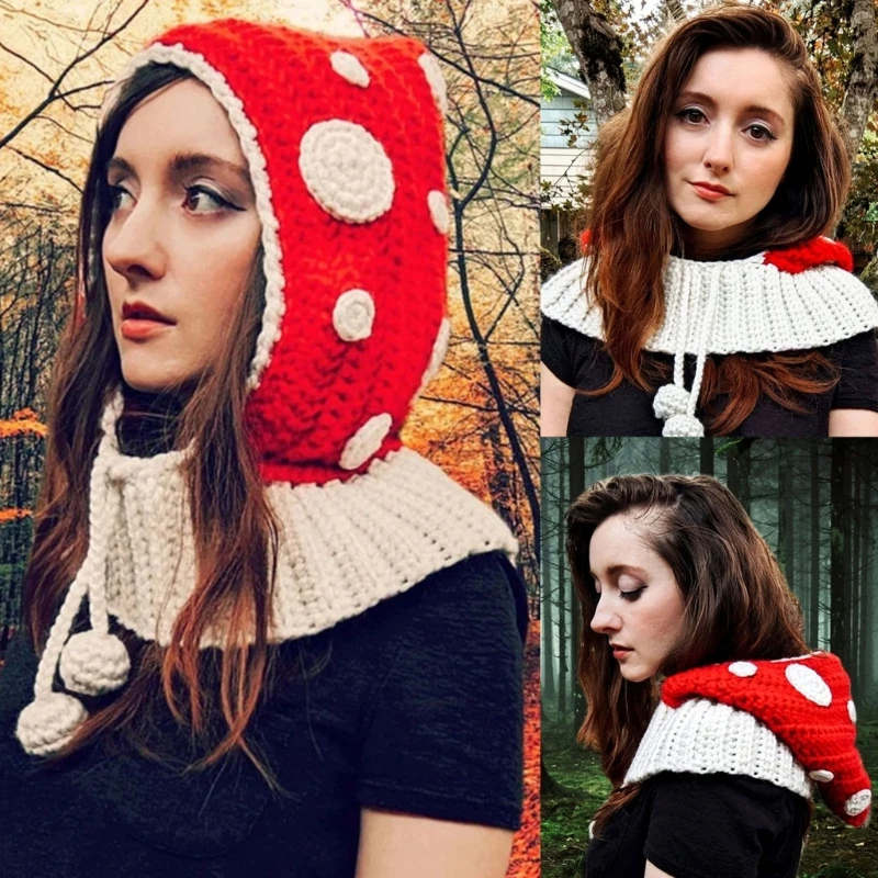 Mushroom Hat Hooded Hat Scarf Polka Dot Beanie Hat Knit Earflap Beanie Neck Protection Hat Hooded Beanie Knit Earflap