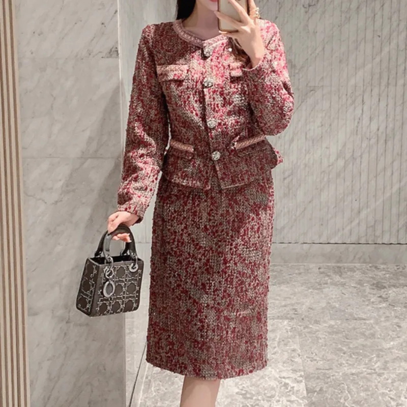Streetwear Elegant Red Tweed 2 ชิ้นชุดผู้หญิงรันเวย์ออกแบบเสื้อแขนยาวและกระโปรง Lady Holiday Party Chic กระโปรงชุด