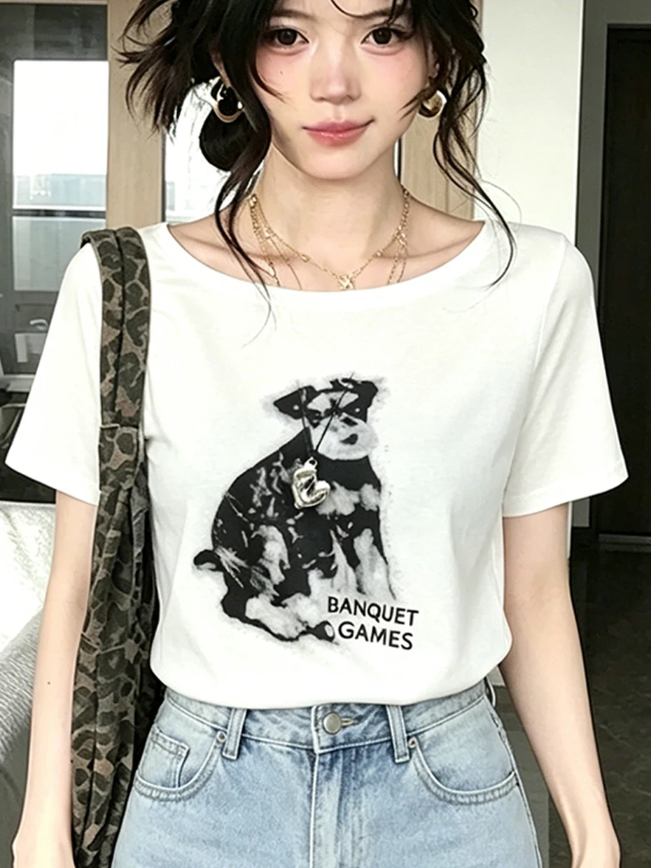 Summer Unique Short Sleeve T-Shirt Women's Cute Dog Print Shoulder Baring Waist Cinched Fashionable Short Length Side Shoulde...