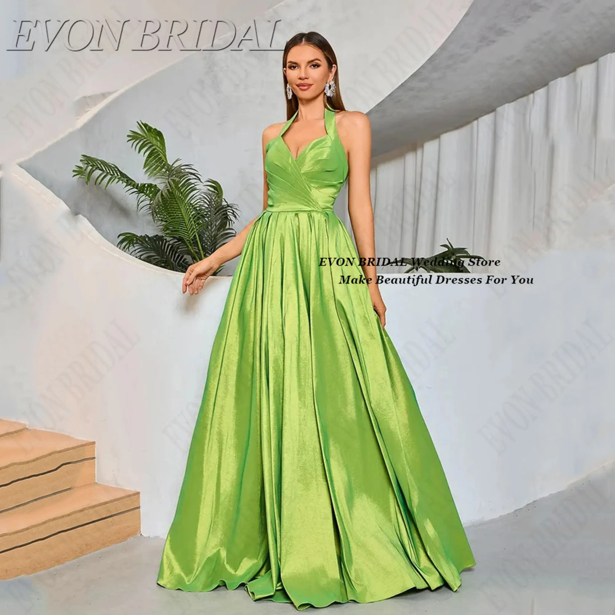 

Apple Green Halter Evening Dresses Customized Leg Slit Simple Long Prom Gowns Formal Satin Women Party Event Wedding EVON BRIDAL