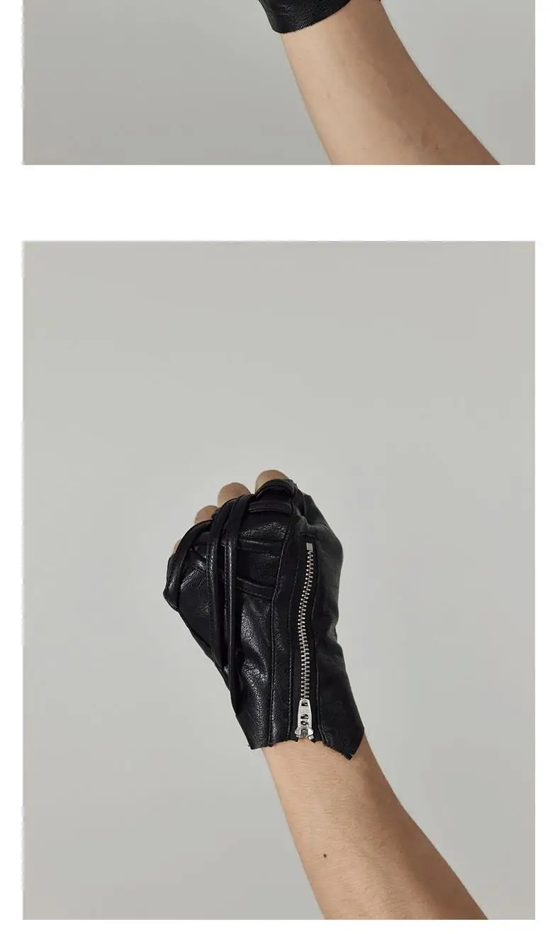 Strap Design Techwear Style Zipper Tactical Leather Gloves Men Women Vintage Hip Hop Punk Fingerless Gloves