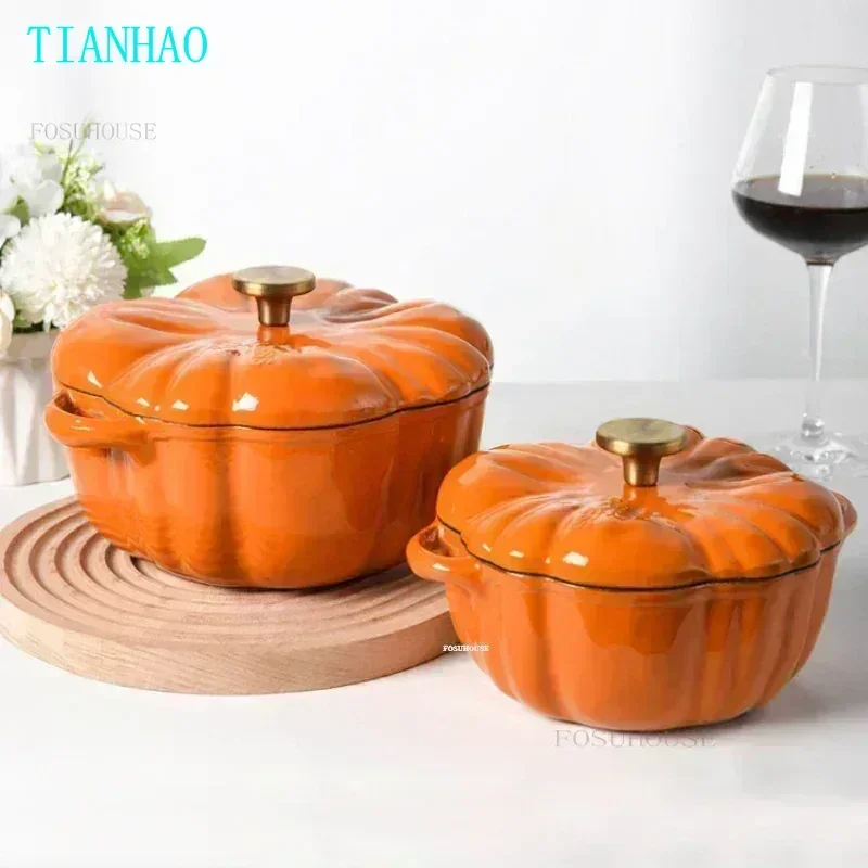 Pumpkin Enamel Pot Cast Iron Cookware Enamel Soup Pot Multifunctional Dutch Ovens Coating Non Stick Casserole Pot with Lid q