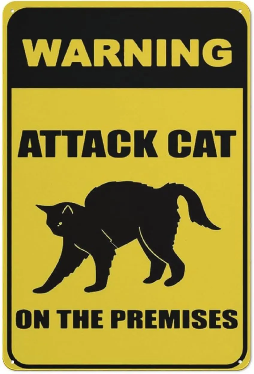 Warning Attack Cat On The Premises Sign for Roads Fence Cat Warning Custom Pre-Drilled Holes Metal Tin Sign  Made in USA Door Ro