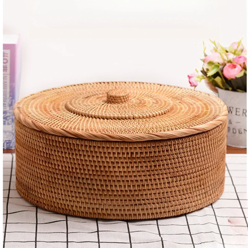 Korean Home Storage Baskets Natural Vine Weaving Fruit Tray Dust Belt Cover Organize Baskets Retro Round Storage Box