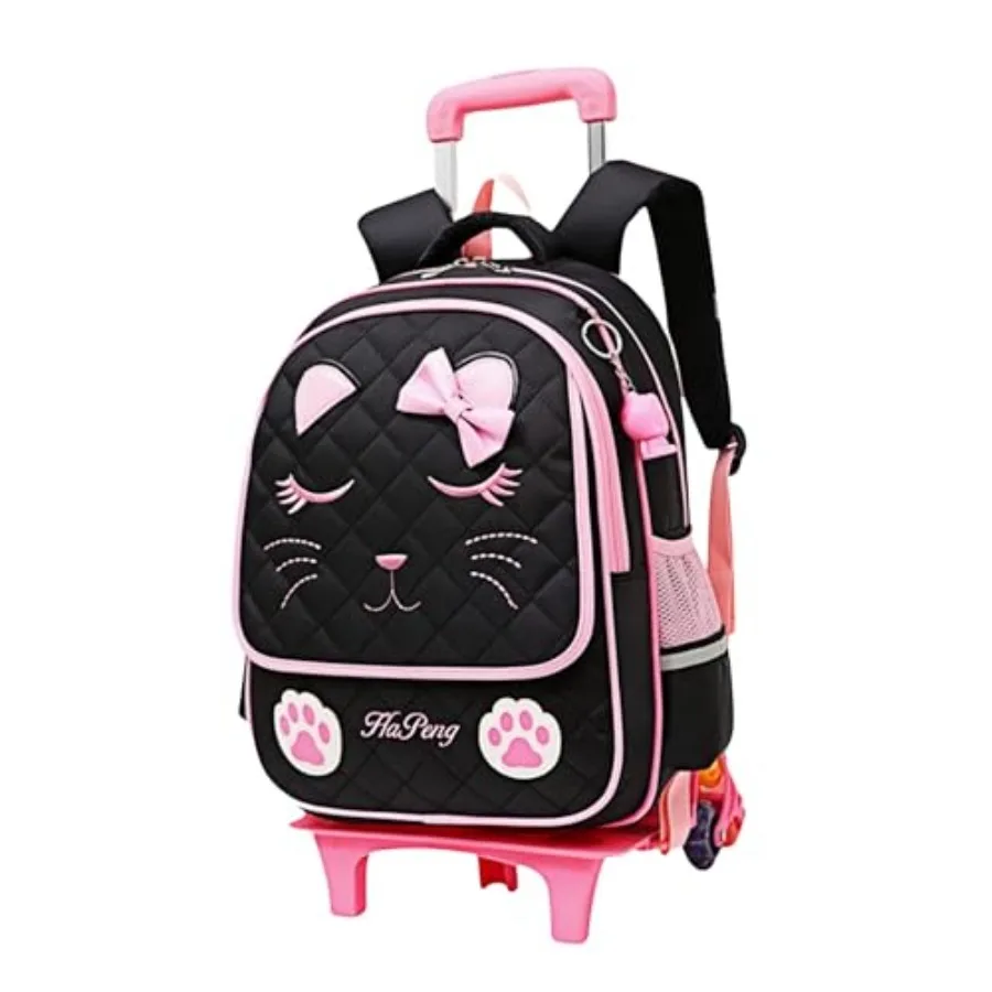

Cute Rolling Backpack for Girls Trolley School Bags Cat-face Bowknot Girls Backpacks with Carry-on Travel Luggage