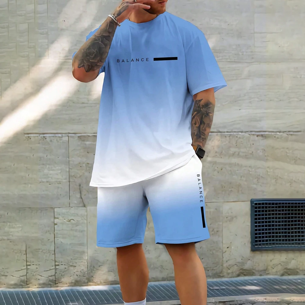 2026 الصيف التدرج اللون ثلاثية الأبعاد تي شيرت والسراويل 2 قطعة مجموعة في الهواء الطلق تنفس ملابس قصيرة الأكمام الركض اللياقة البدنية ملابس رياضية