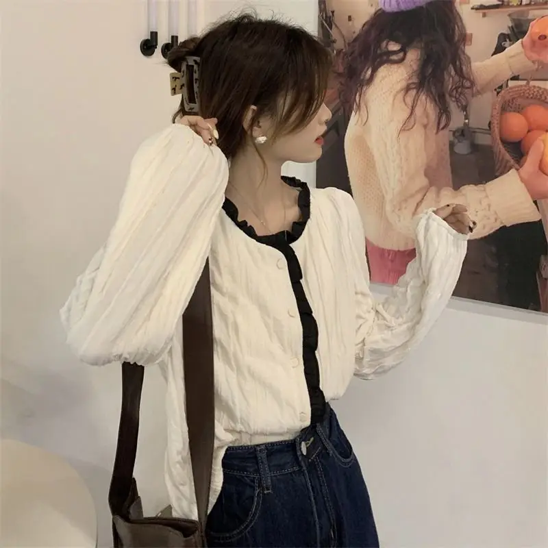 

French Style White Long Sleeve Blouse With Ruffle Trim Loose Fit Spring Top
