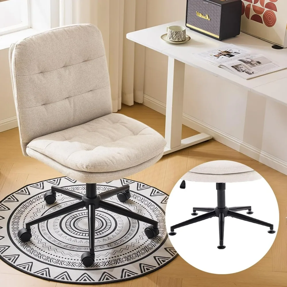 VINGLI Adjustable Height Armless Office Chair 360° Swivel Rocking Vanity Chair Thickened Cushion Linen Fabric For Home Reading
