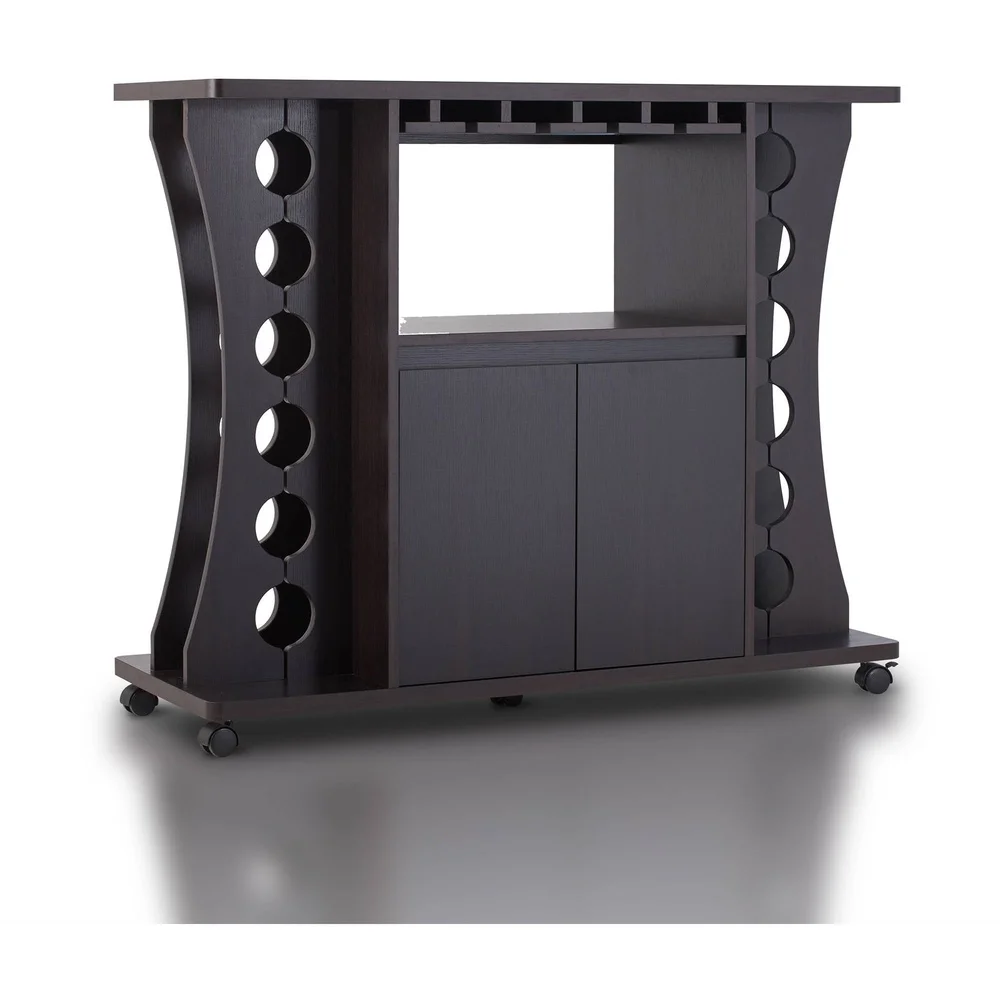 Servidor buffet moderno com vários armazenamentos, com prateleiras para vinho, suporte para taças, rodízios, acabamento expresso contemporâneo, ideal para entretenimento