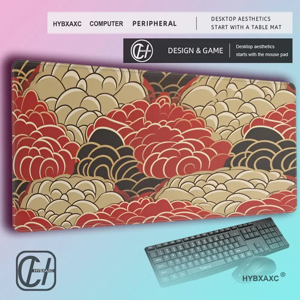 HYBXAXC  Japanese Wave Desk Mat Mouse Pad,  Abstract Ocean Accessory, Red Beige Artistic Workstation, Modern Zen DeskMat Decor