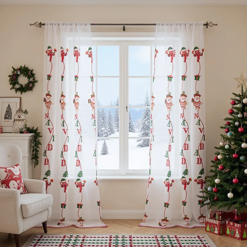Christmas Santa Claus Embroidered Sheer Curtain for Living Room Window Treatment Xmas Home Decor Panel Drape 130x214cm