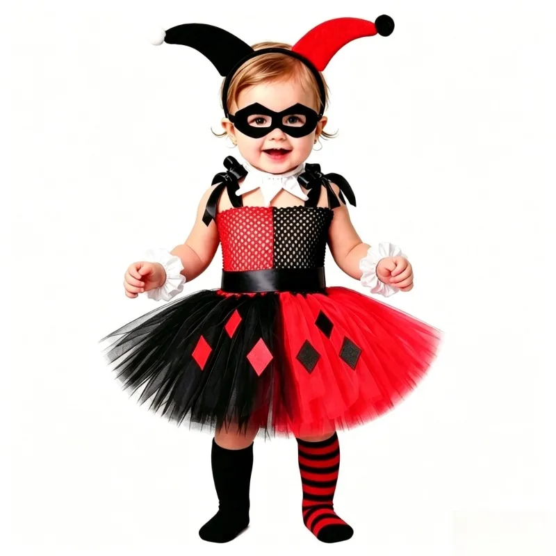 

Girls' Red and Black Mesh Color-blocked Tutu Dress, Children's Day Party Stage Performance Costume, Kids Fashion Princess Dress