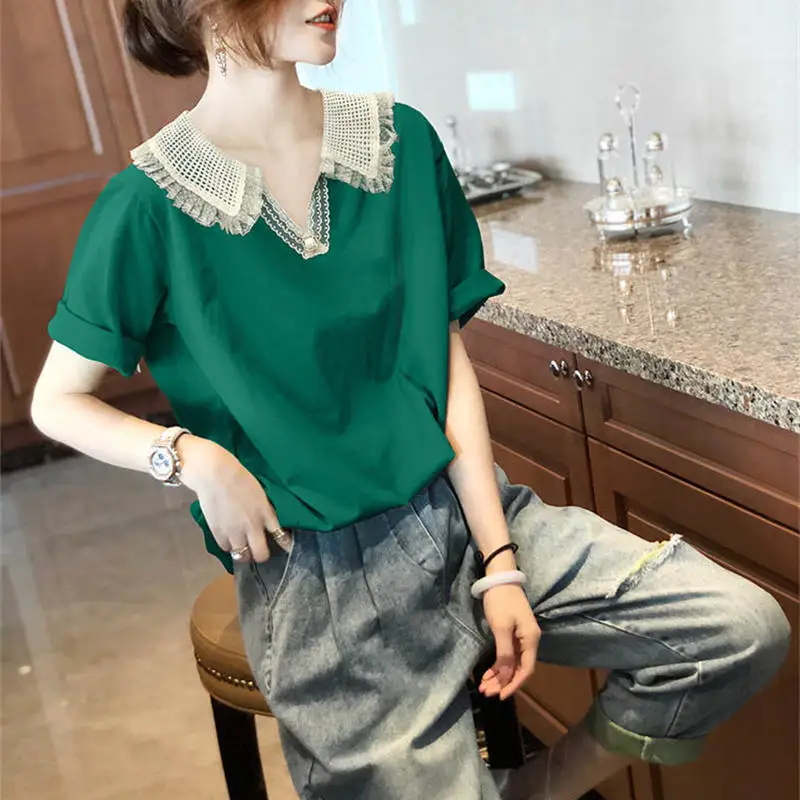 Stylish Lace Peter Pan Collar Patchwork T-shirt Casual Solid Color All-match Women\'s Short Sleeve Summer Hollow Out Pullovers