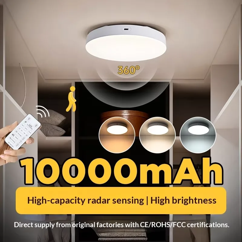 

Rechargeable Radar Motion Sensor Ceiling Light with Remote,Wireless LED Light No Wiring, Dimmable Always-on Mode,for Shower