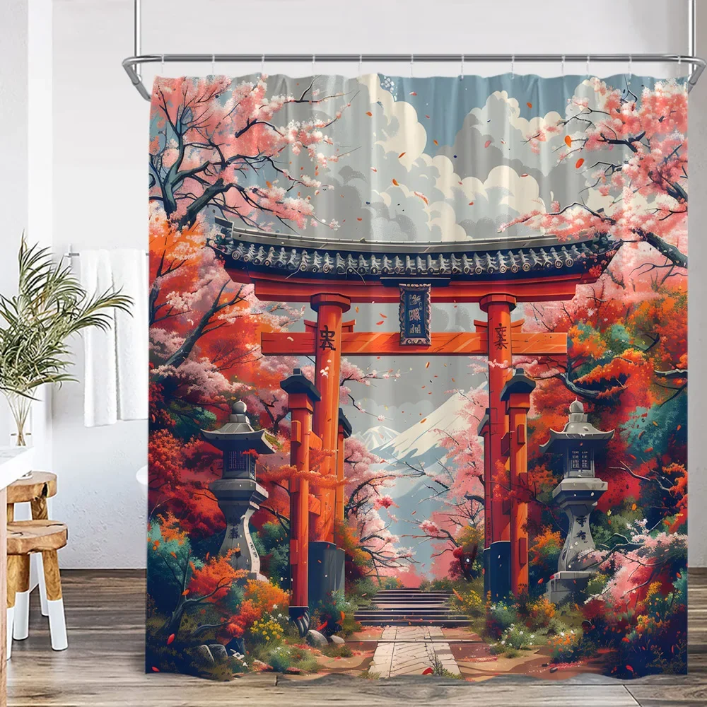 Samurai Geisha Japanese Style Ink Painting Shower Curtain Japan Shrine Red Sun Mountain River Pink Cherry Blossom Bath Curtain