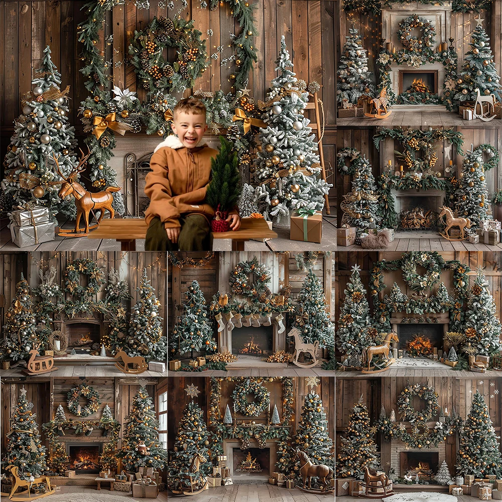 

Christmas Fireplace Photography Background XMAS Tree Toy Rocking Horse Party Decoration Boy Girl photo Backdrop For Studio