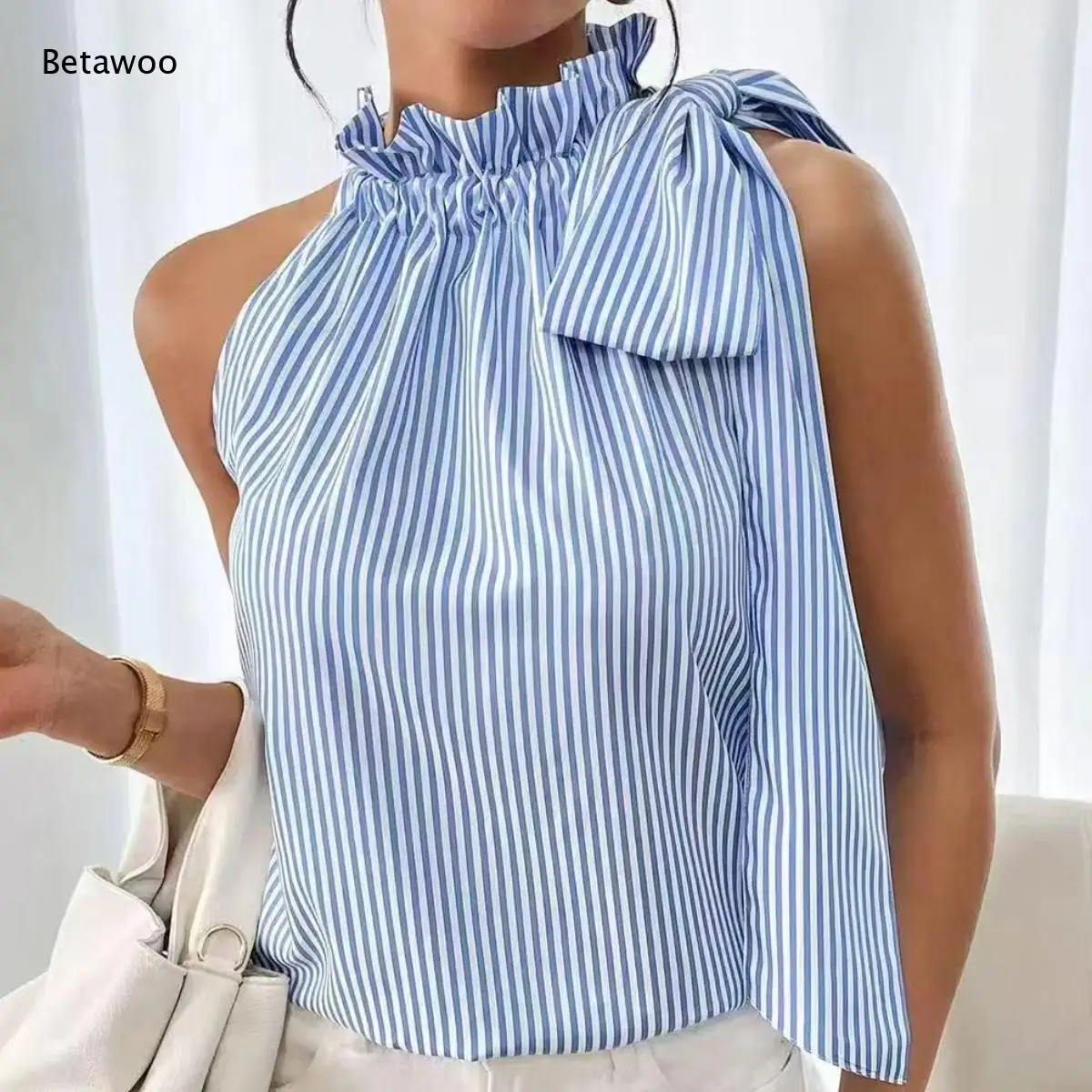 Women Vertical Stripe Halter Top Frilled Neck Sleeveless Blouse with Large Bow Detail Loose Fit Chic Sleeveless Shirt