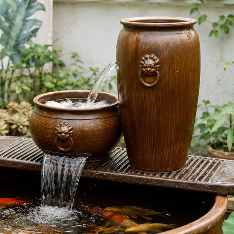 Fish farming, flowing water, ceramic pot courtyard, fish pond, flowing water ornament, ceramic decoration, landscaping view, cir